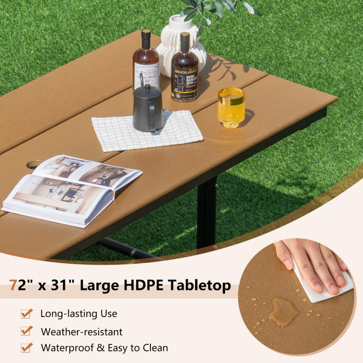 Large HDPE tabletop of a 6-foot outdoor picnic table set, weather-resistant and easy to clean, ideal for gatherings.
