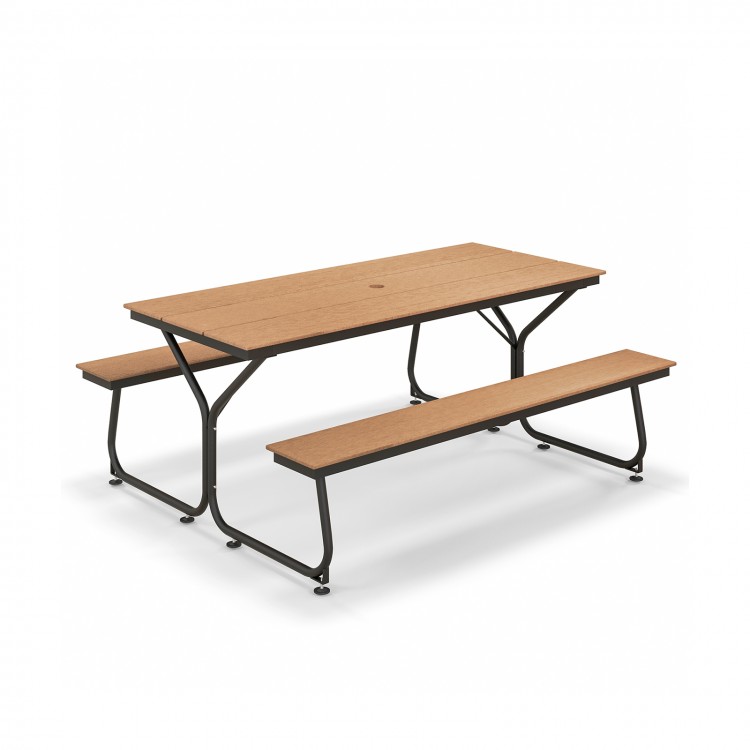 6 feet outdoor picnic table bench set in brown, seats 6-8 people, with weather-resistant HDPE tabletop for durability.