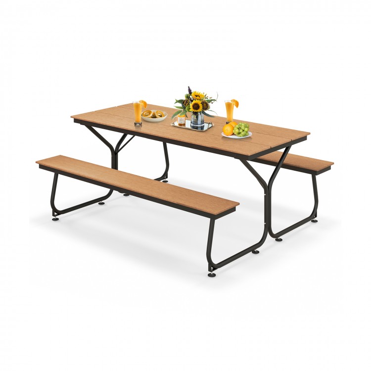 6 feet outdoor picnic table bench set in brown, seats 6-8 people, with weather-resistant HDPE tabletop for patio use.
