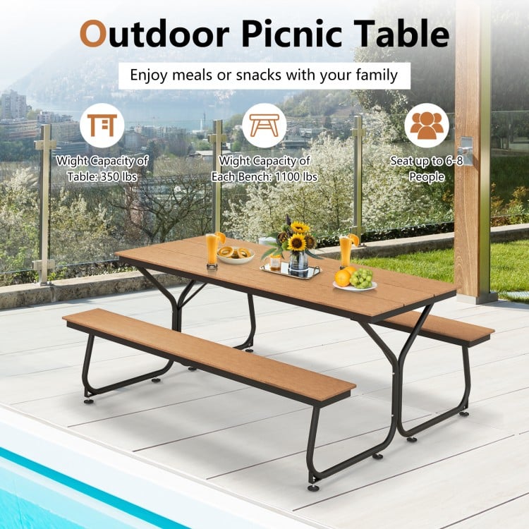 6 feet outdoor picnic table bench set in brown, seats 6-8 people, with weather-resistant HDPE tabletop for outdoor use.