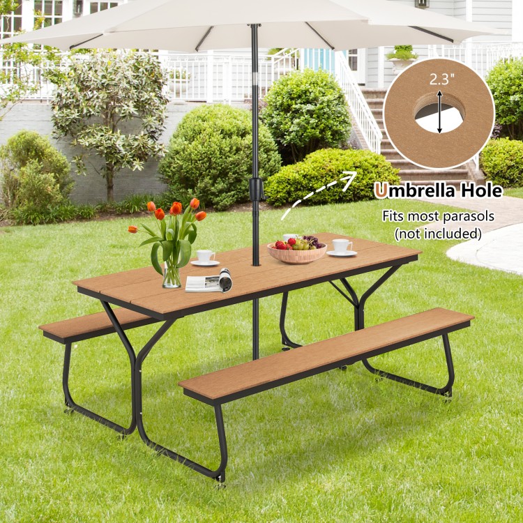 Outdoor picnic table bench set in brown with umbrella hole, seats 6-8, perfect for garden or patio dining.