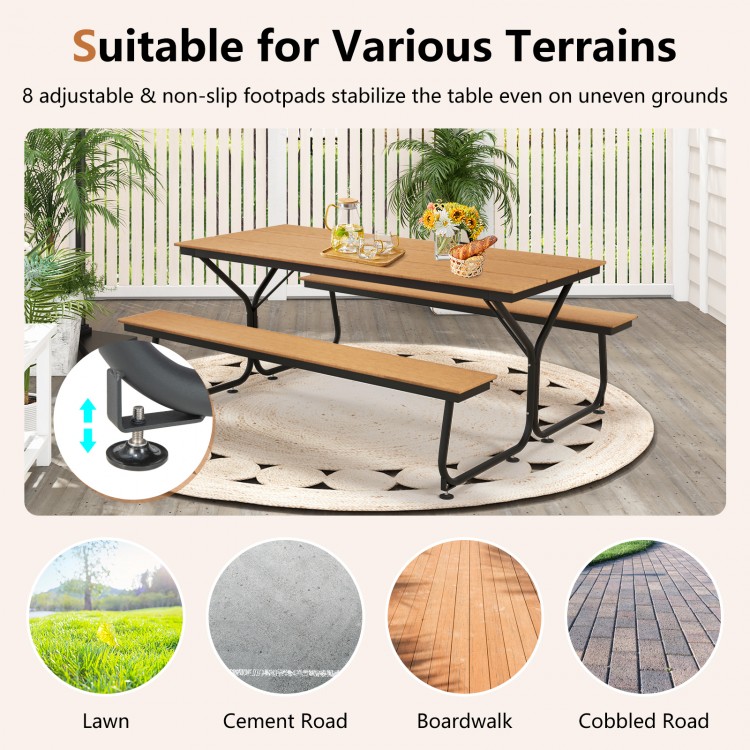 6-foot outdoor picnic table bench set in brown, featuring a weather-resistant HDPE tabletop for 6-8 people.