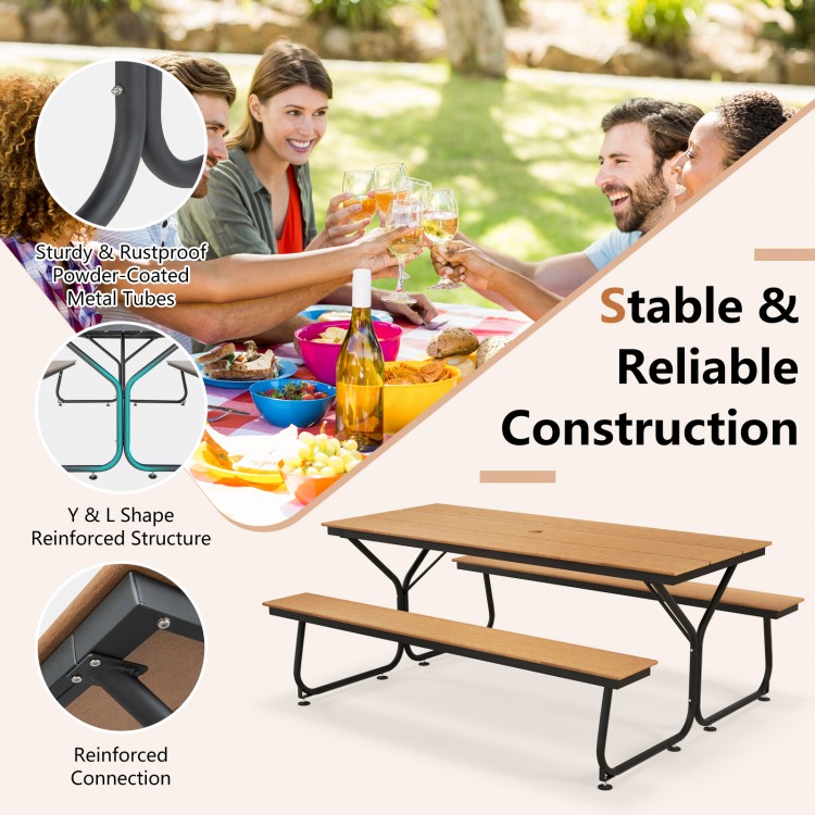 6 feet outdoor picnic table bench set in brown, featuring a sturdy metal frame and natural wood-like texture for 6-8.