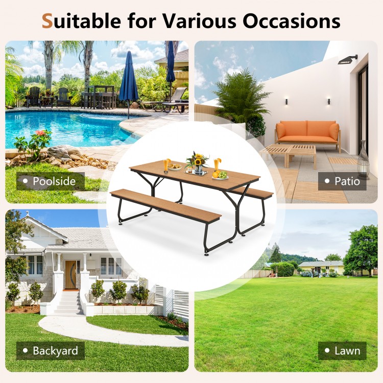 6-foot outdoor picnic table bench set in brown, weather-resistant HDPE, suitable for 6-8 people, ideal for patio or.