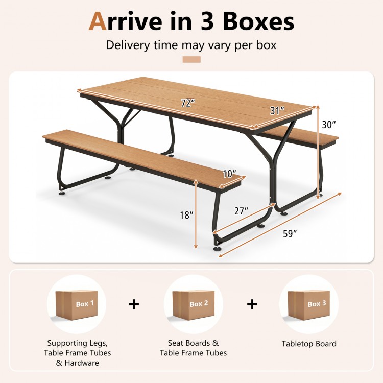 6 feet outdoor picnic table bench set in brown, weather-resistant HDPE for 6-8 people, ideal for garden or patio use.