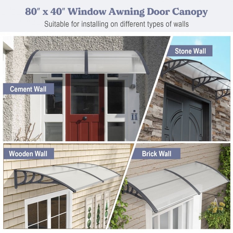 Gray outdoor front door awning canopy shown on various wall types, providing sunlight and rain protection for homes.