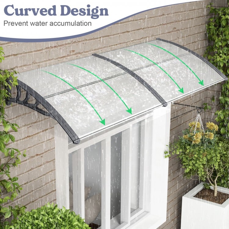 Curved gray outdoor front door awning with PC hollow panels for sunlight, rain, and wind protection, reducing noise.