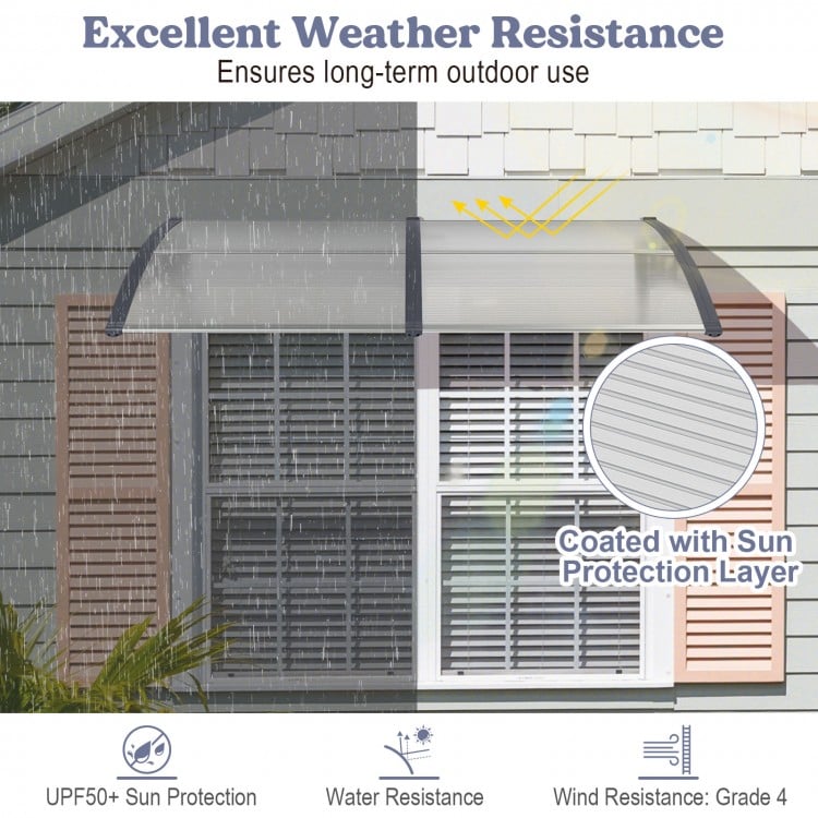 Gray outdoor front door patio awning with sturdy PC hollow panels, offering sun, rain, and wind protection.