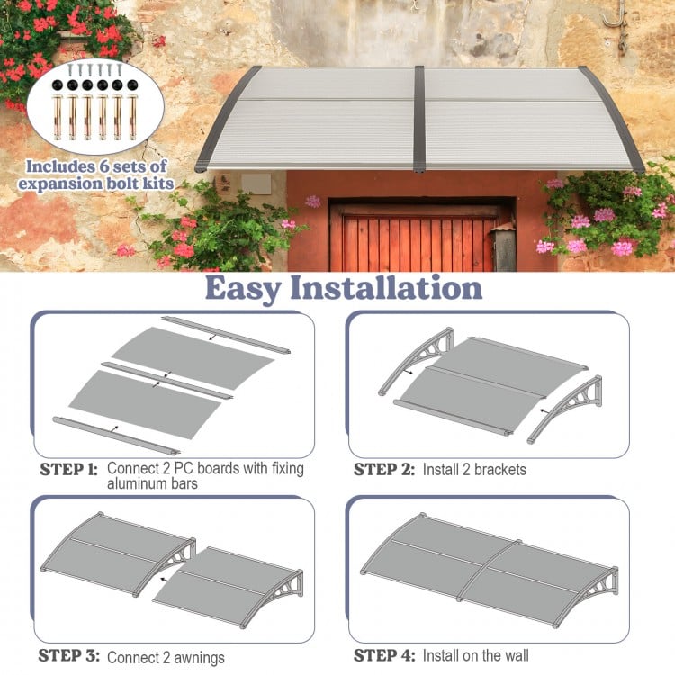 Gray outdoor front door patio awning with PC hollow panels, designed for sunlight, rain, and wind protection.