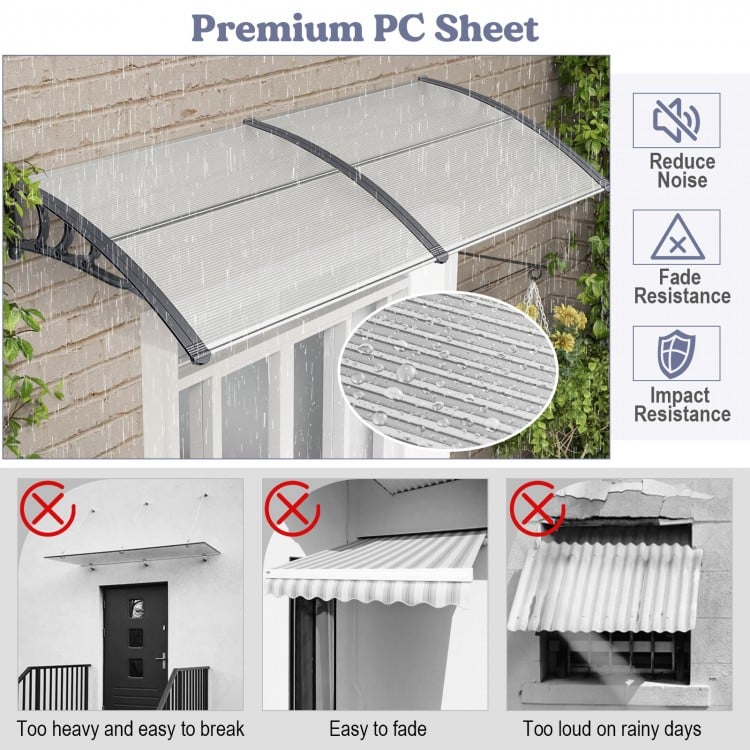 Gray outdoor front door patio awning made of impact-resistant PC sheets, providing sunlight and rain protection.