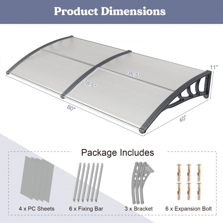 Outdoor front door patio awning dimensions showing sturdy PC sheets and installation components for weather protection.