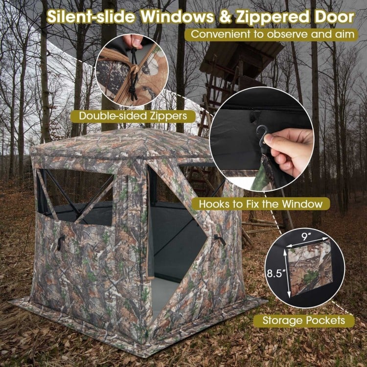 Portable hunting blind with silent-slide windows, zippered door, and storage pockets for 2-3 persons, ideal for outdoor.