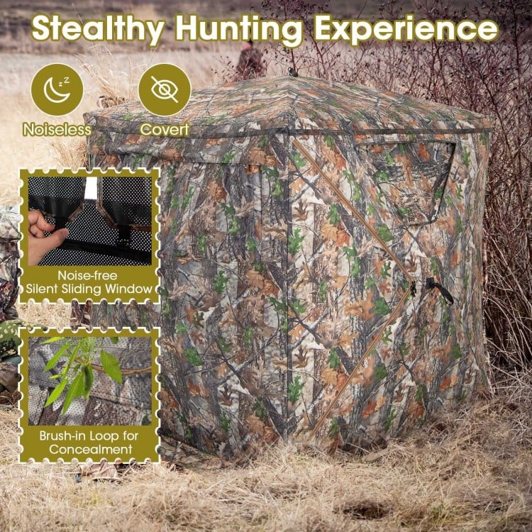 Portable pop-up hunting blind for 2-3 people with camouflage design, silent sliding window, and easy setup.