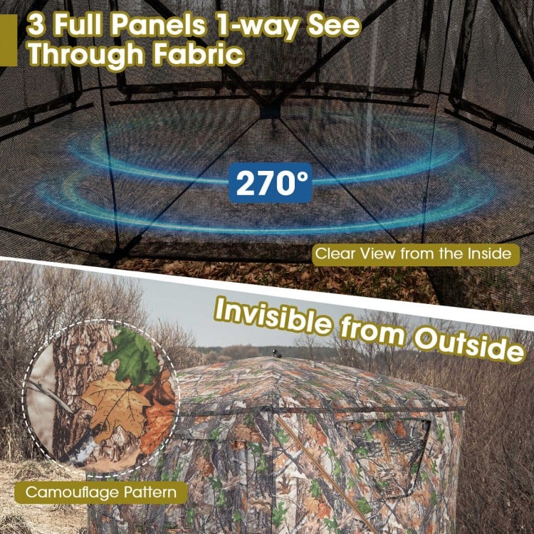 Portable pop-up hunting blind with 270-degree one-way see-through fabric, camouflage pattern, and spacious design for.