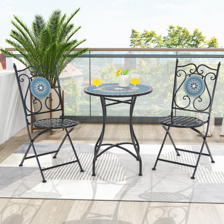 3-piece patio bistro set featuring folding chairs and a mosaic-patterned table, perfect for indoor or outdoor use.