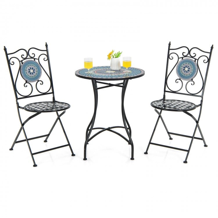 Three-piece patio bistro set with mosaic pattern, featuring folding chairs and a heavy-duty metal frame for stability.