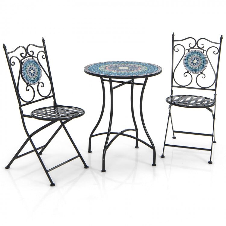 3-piece patio bistro set with mosaic pattern, featuring folding chairs and a sturdy metal frame for indoor or outdoor.