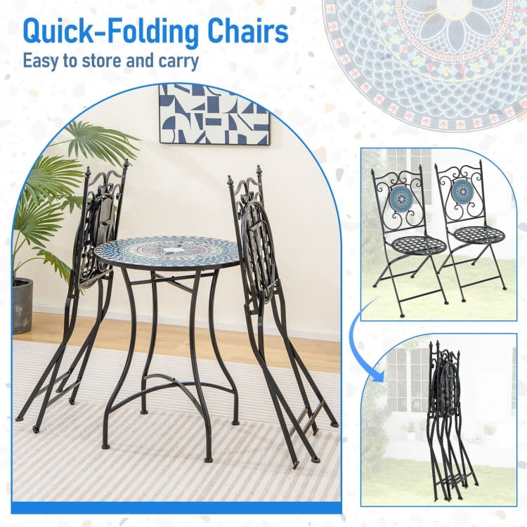 Folding chairs from the 3 Piece Patio Bistro Set with mosaic pattern, designed for easy storage and outdoor use.