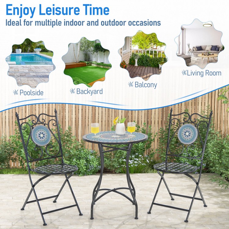 3 Piece Patio Bistro Set featuring a mosaic pattern, including folding chairs and a stable metal frame for indoor and.