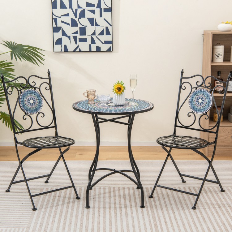 Set of 2 mosaic folding chairs with high backrest and metal frame, perfect for indoor or outdoor patio use.