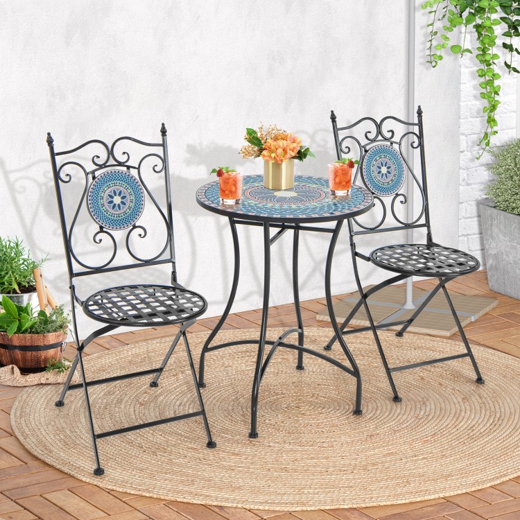 Set of 2 metal folding chairs with mosaic design, perfect for patio use, featuring a high backrest and stable frame.