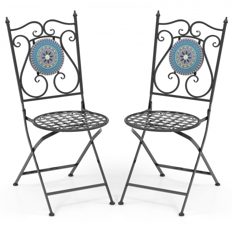 Set of 2 folding mosaic chairs with heavy-duty metal frame, ideal for indoor and outdoor use.