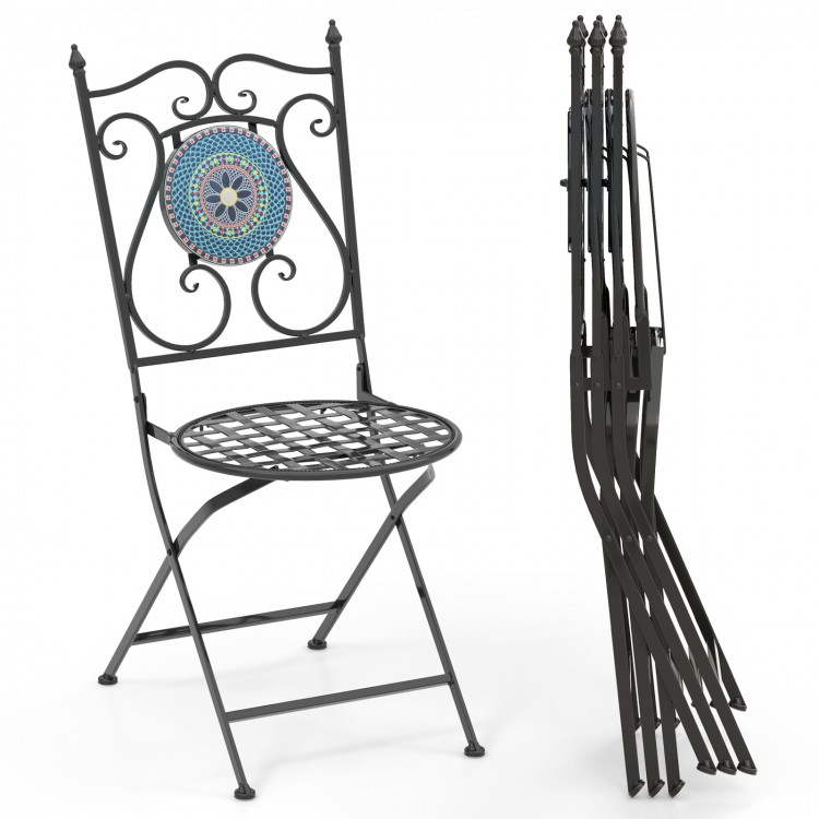 Folding metal patio chair with mosaic design, featuring a high backrest and anti-slip footpads for stability.
