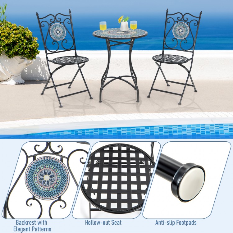 Set of 2 mosaic folding chairs with elegant patterns, featuring a heavy-duty metal frame for patio or indoor use.