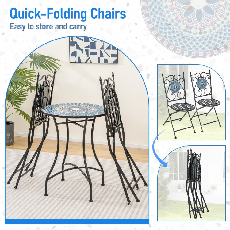 Set of 2 mosaic metal folding chairs with high backrest, ideal for indoor and outdoor use, easy to store and carry.