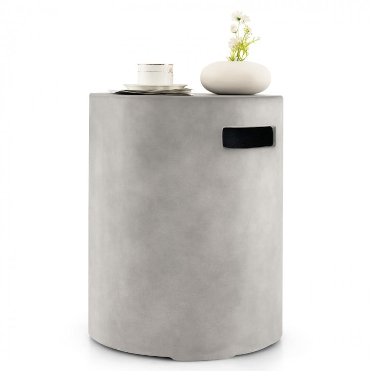 Outdoor weather-resistant tank hideaway table in gray, designed to fit a 20 lbs propane gas tank, ideal for patios.
