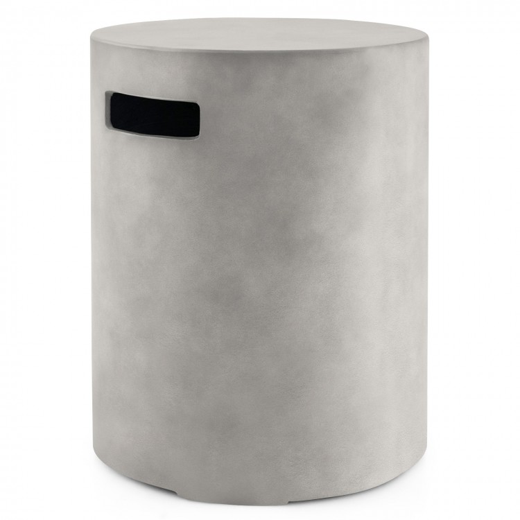 Round outdoor table in gray, designed to hide a 20 lbs propane tank, perfect for fire pits and patio use.