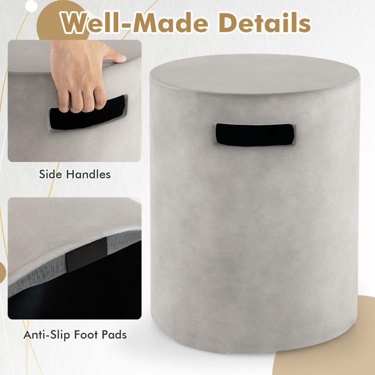 Round outdoor tank hideaway table in gray with side handles and anti-slip foot pads, perfect for standard 20 lbs.