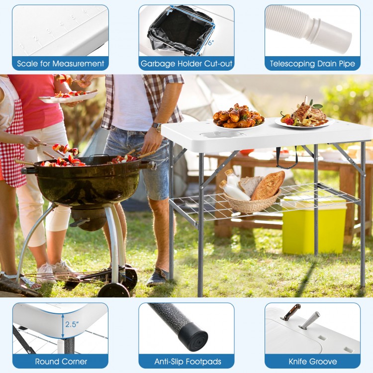 Folding fish cleaning table with double sinks, HDPE tabletop, and drainage hole, ideal for camping and picnics.
