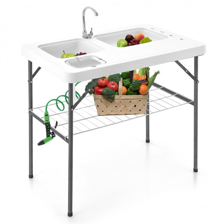 Folding fish cleaning table featuring a bottom shelf and knife groove, perfect for efficient outdoor food preparation.