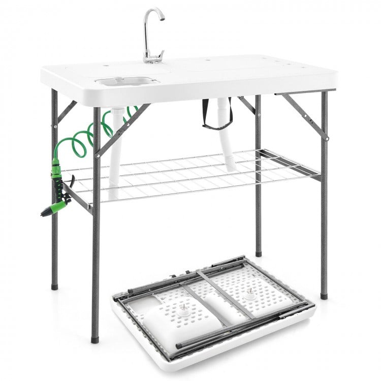 Folding fish cleaning table with double sinks, 360° rotatable faucet, and heavy-duty metal frame for camping and.