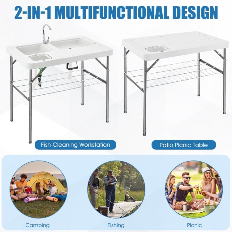 Folding fish cleaning table with double sinks, heavy-duty metal frame, ideal for camping, fishing, and picnics.