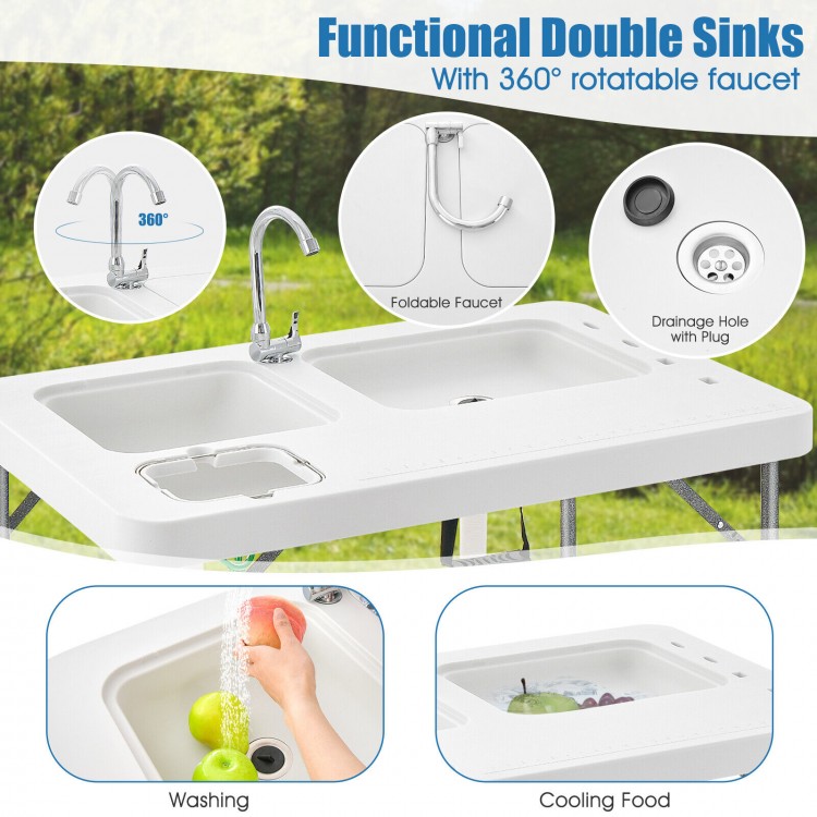 Double-sink fish cleaning table in white with a 360° rotatable faucet, ideal for camping and picnics.