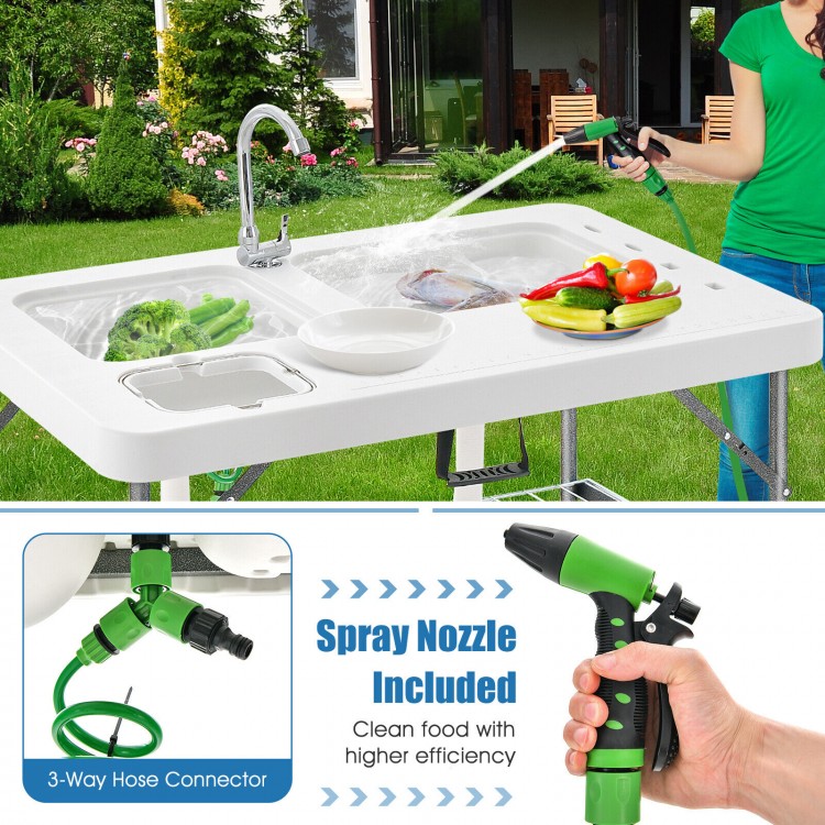 Folding fish cleaning table with double sinks, 360° rotatable faucet, and included spray nozzle for efficient outdoor.