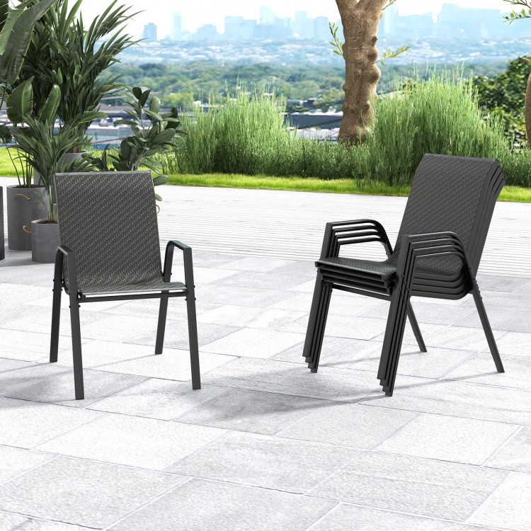 Stackable brown patio dining chairs with wicker woven seats, featuring a sturdy metal frame for outdoor use.