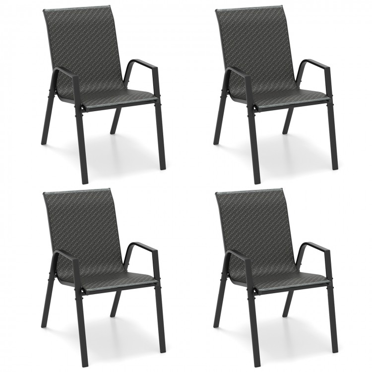 Set of four brown patio dining chairs featuring PE rattan seats and backs, designed for outdoor use and stackable.