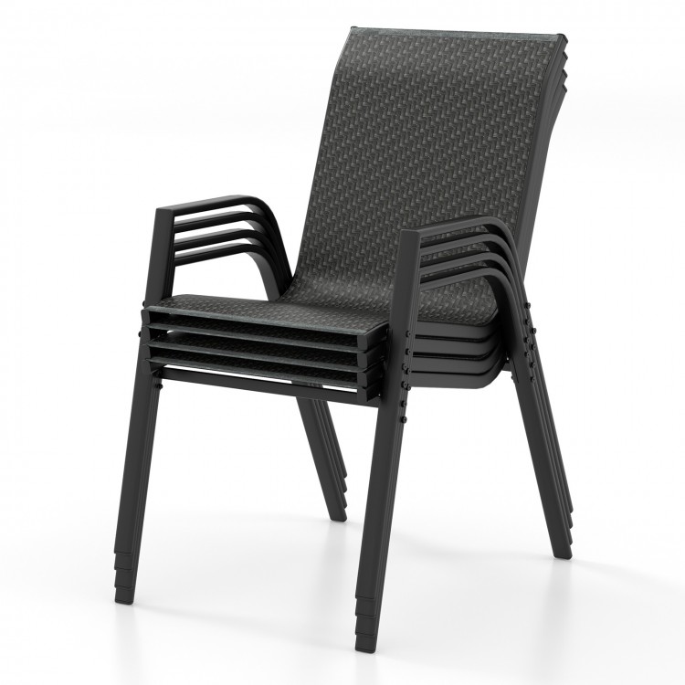 Stackable brown patio dining chair made of durable PE rattan with a sturdy metal frame, perfect for outdoor use.