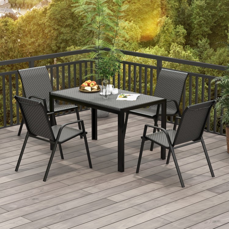 4-piece patio dining set featuring brown wicker woven chairs and a sturdy metal table, perfect for outdoor gatherings.