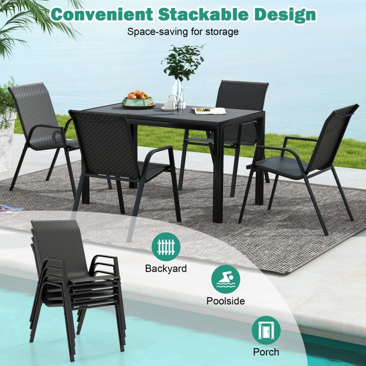 Brown patio rattan dining chairs with wicker woven seats, stackable design for backyard or poolside use.