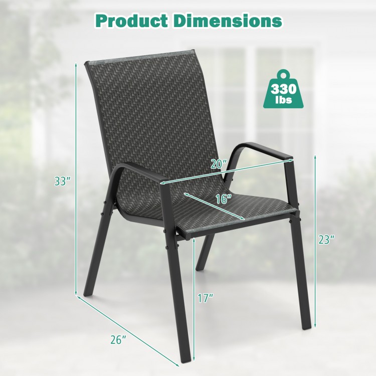 Patio rattan dining chair dimensions showing ergonomic design, sturdy metal frame, and stackable feature for outdoor.