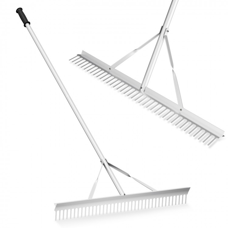 Aluminum rake with a 36-inch wide head and 68-inch handle, ideal for efficient lawn care and gardening tasks.