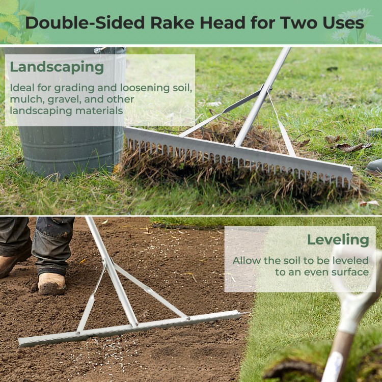 Aluminum rake with a 36-inch wide head and 68-inch handle, ideal for landscaping and leveling soil efficiently.