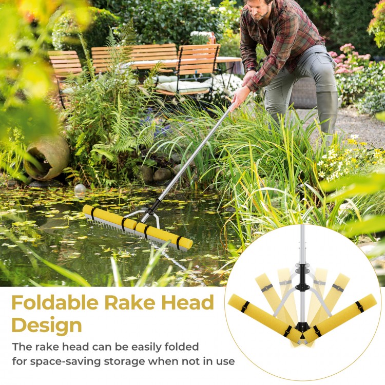 Floating weed lake rake with 36-tine head and foam floats, designed for efficient aquatic weed removal and easy storage.