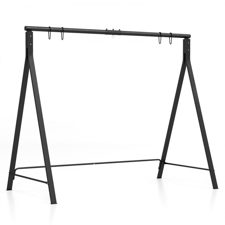 Sturdy black metal swing stand with A-shaped structure, ideal for porch or tree swings, featuring non-slip footpads.