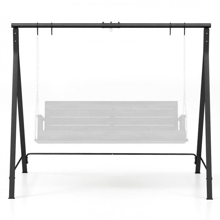 Black patio metal swing stand with A-shaped structure, designed for stability and suitable for various swing types.