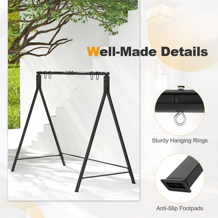 Patio metal swing stand in black with A-shaped structure, sturdy design, and anti-slip footpads for stability.